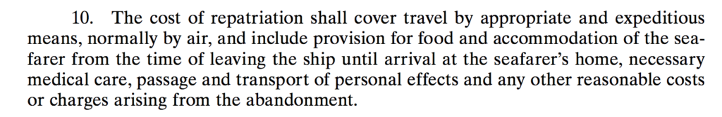 Excerpt from MLC 2006 describing cruise ship crew rights to covered travel costs when leaving a ship. 