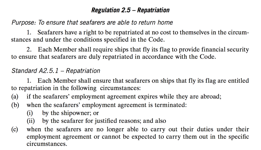 Excerpt from MLC 2006 detailing flight and repatriation expenses for crew members. 