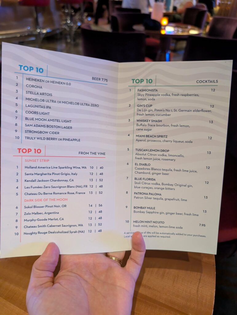 Billboard Onboard drink menu Holland America Line 2026