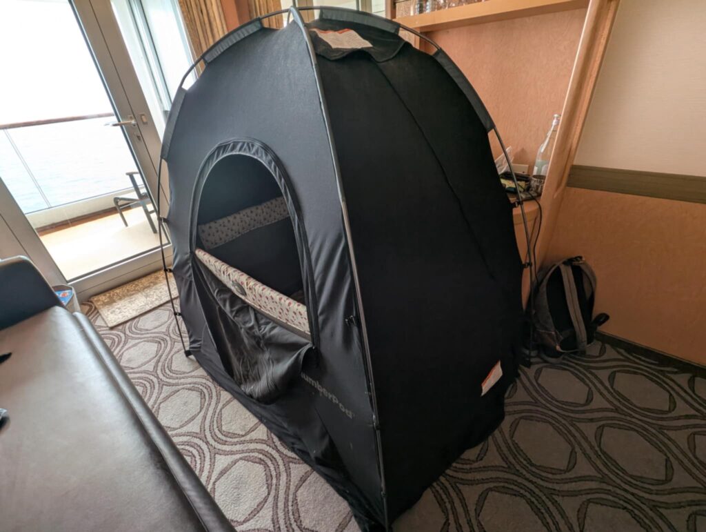 Slumber Pod for baby set up in cruise ship cabin