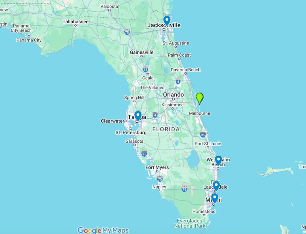 Map showing the Cruise Ports in Florida