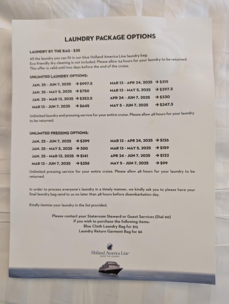 Holland America Laundry Package price list from Grand Voyage