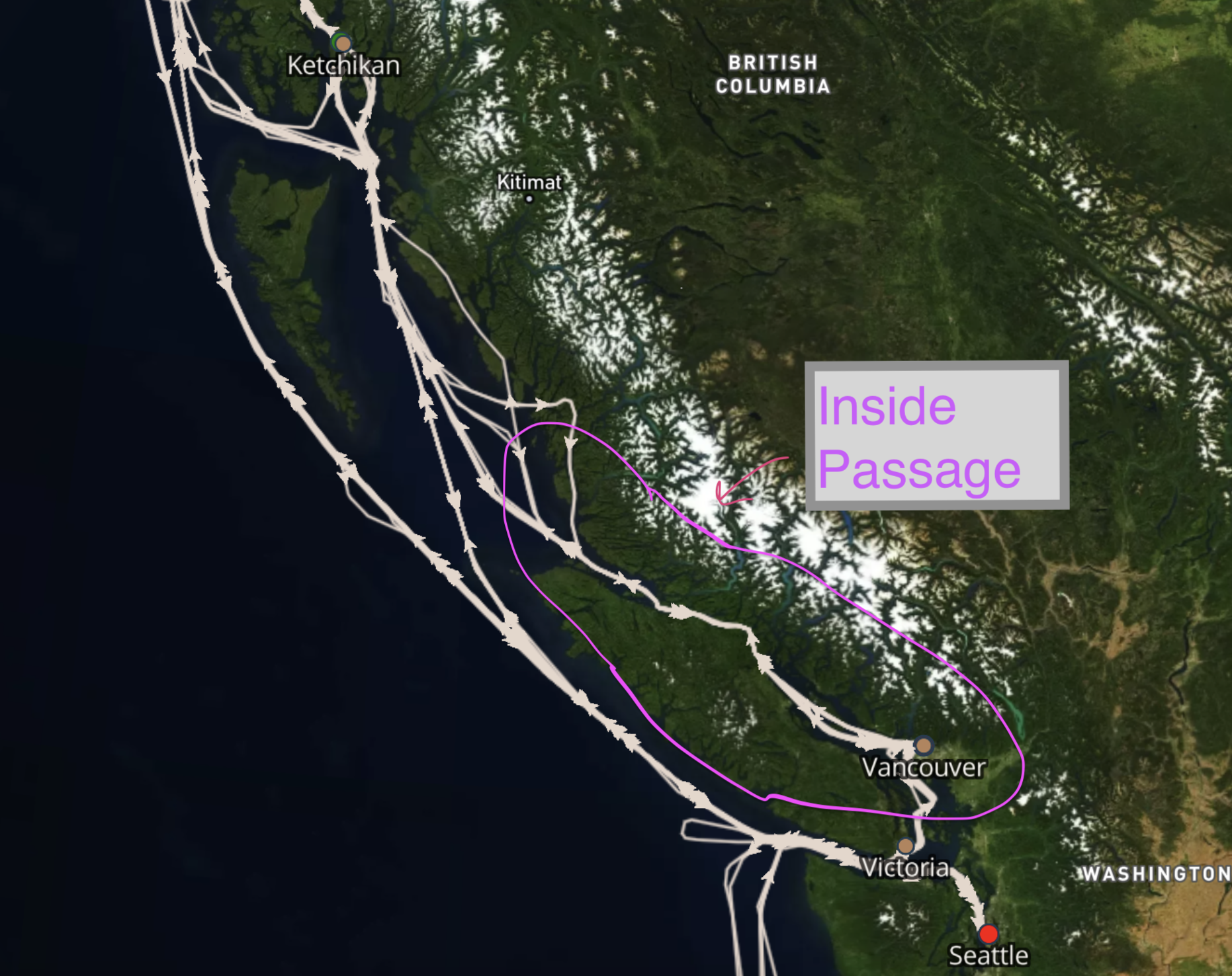 Alaska Inside Passage Zoomed in Map